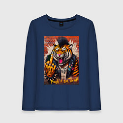 Лонгслив хлопковый женский Ferocious tiger - punks not dead motto, цвет: тёмно-синий