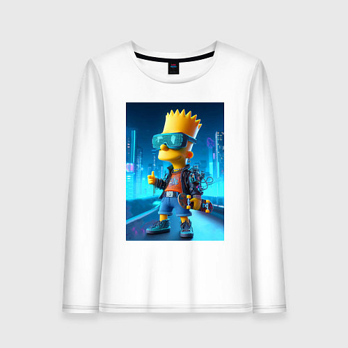 Женский лонгслив Барт Симпсон в неоновом городе со скейтбордом - не / Белый – фото 1