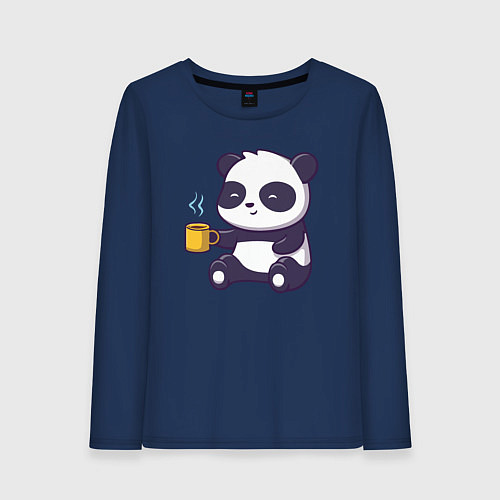 Женский лонгслив Панда с кофе / Тёмно-синий – фото 1