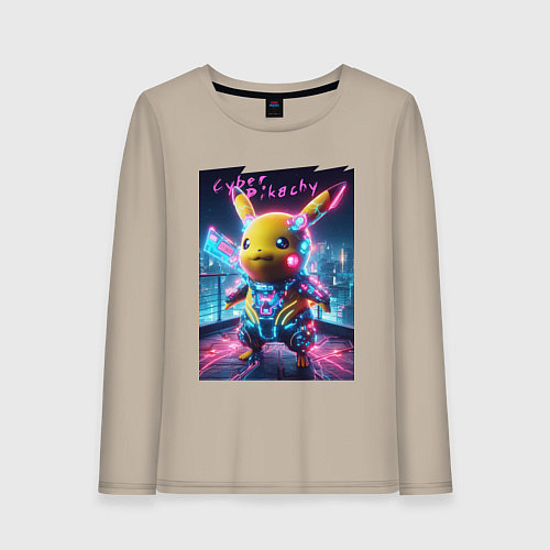 Женский лонгслив Cyber Pikachu - neon glow ai art fantasy / Миндальный – фото 1