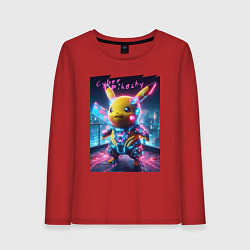 Лонгслив хлопковый женский Cyber Pikachu - neon glow ai art fantasy, цвет: красный