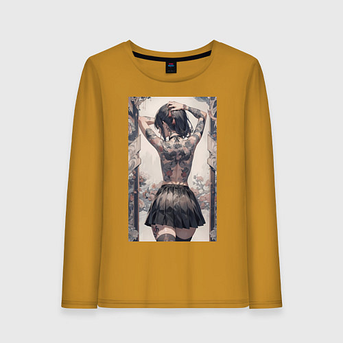 Женский лонгслив Татуированная спина девушки / Горчичный – фото 1