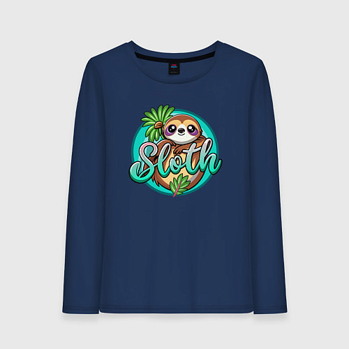 Женский лонгслив Ленивец с надписью / Тёмно-синий – фото 1