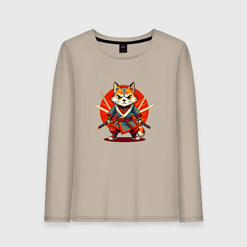 Женский лонгслив Рыжий кот самурай с мечами / Миндальный – фото 1