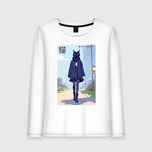 Женский лонгслив Чёрная кошечка на своём районе - нейросеть / Белый – фото 1