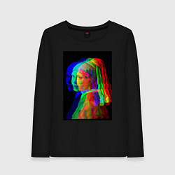 Лонгслив хлопковый женский Девушка с жемчужной серёжкой с глюками, цвет: черный