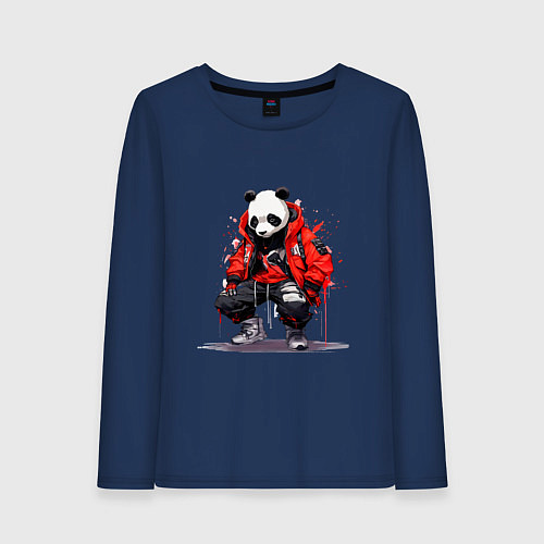 Женский лонгслив Модная панда в красной куртке / Тёмно-синий – фото 1