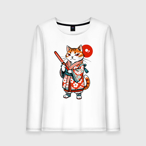 Женский лонгслив Кошечка в кимоно в японском стиле / Белый – фото 1