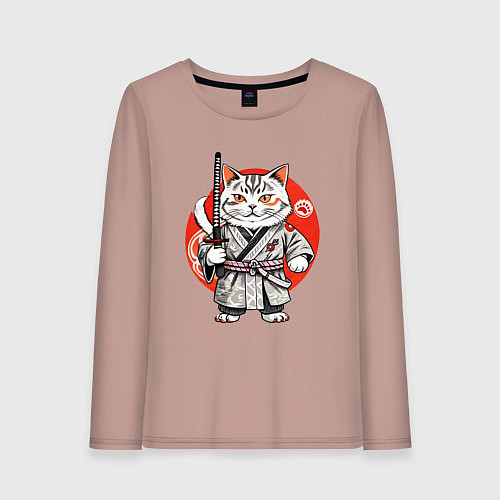 Женский лонгслив Ниндзя кот с саблей красное солнце / Пыльно-розовый – фото 1