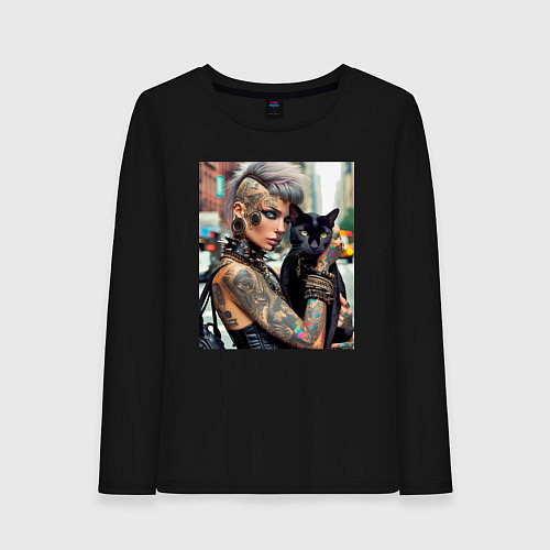 Женский лонгслив Девчонка панк в татухах с чёрным котом - нейросеть / Черный – фото 1