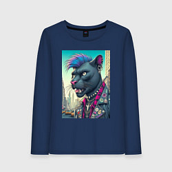 Лонгслив хлопковый женский Чувак пантера панк житель Нью-Йорка - нейросеть, цвет: тёмно-синий