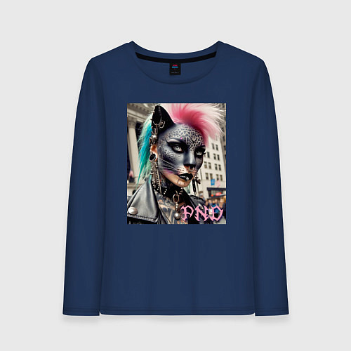 Женский лонгслив Девушка кошка - панк не умер / Тёмно-синий – фото 1
