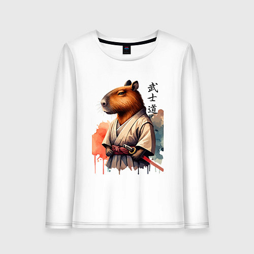 Женский лонгслив Capybara samurai - ai art fantasy / Белый – фото 1