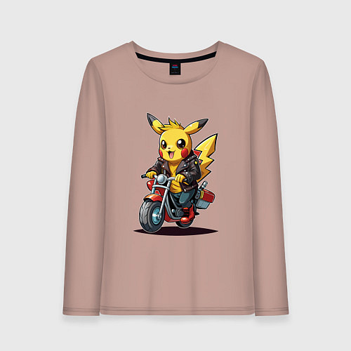 Женский лонгслив Пикачу на ретро мотоцикле / Пыльно-розовый – фото 1