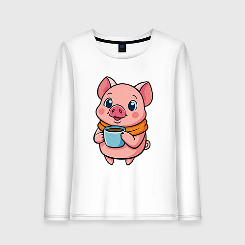 Женский лонгслив Поросенок пьет кофе / Белый – фото 1
