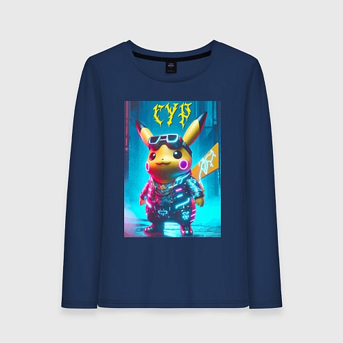 Женский лонгслив Cyber Pikachu - ai art fantasy / Тёмно-синий – фото 1
