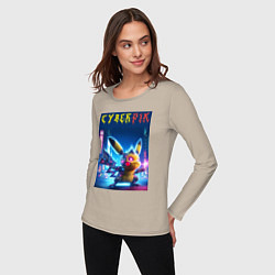 Лонгслив хлопковый женский Cyber Pikachu - ai art fantasy, цвет: миндальный — фото 2
