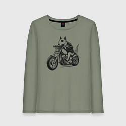 Лонгслив хлопковый женский Бультерьер байкер на мотоцикле чоппере, цвет: авокадо