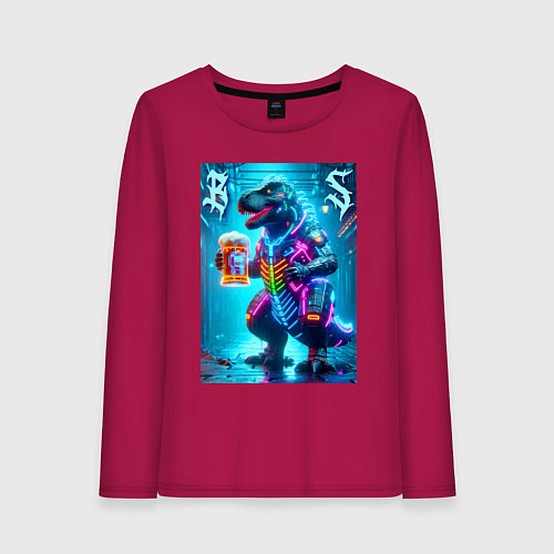 Женский лонгслив Неоновый кибер пивозавр - нейроарт / Маджента – фото 1