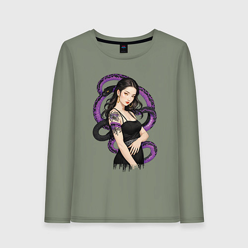 Женский лонгслив Девушка в чёрном платье и змея / Авокадо – фото 1