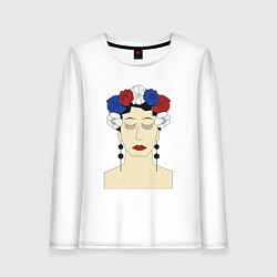 Лонгслив хлопковый женский Женский портрет: девушка в венке триколор, цвет: белый