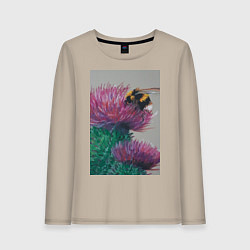 Лонгслив хлопковый женский Мохнатый шмель на кактусе - живопись, цвет: миндальный