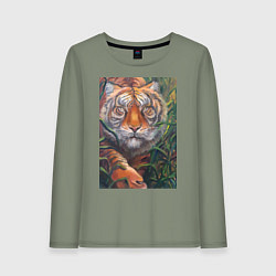 Лонгслив хлопковый женский Охотящийся тигр, цвет: авокадо