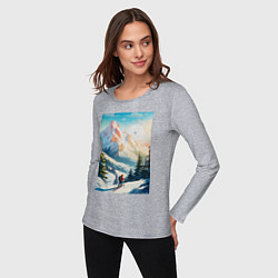 Лонгслив хлопковый женский Лыжник в горах, цвет: меланж — фото 2