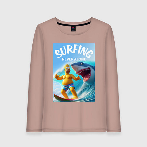 Женский лонгслив Homer Simpson and shark - surfing never alone / Пыльно-розовый – фото 1