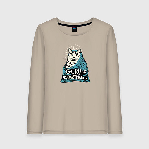 Женский лонгслив Кот гуру прокрастинации / Миндальный – фото 1