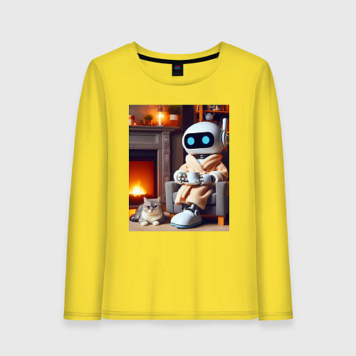Женский лонгслив Робот у камина с котом и чашкой кофе - нейроарт / Желтый – фото 1