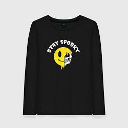 Лонгслив хлопковый женский Stay spooky смайл эмодзи, цвет: черный