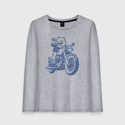 Женский лонгслив Шпиц байкер на мотоцикле на чоппере померанец / Меланж – фото 1