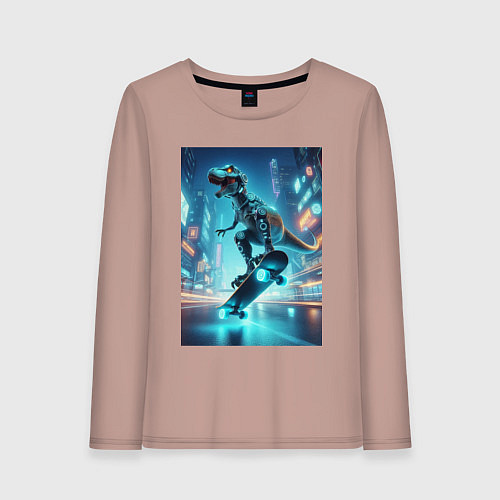 Женский лонгслив Кибер Дино крутой скейтбордист - неоновое свечение / Пыльно-розовый – фото 1