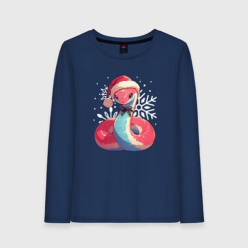 Женский лонгслив Красная змея с снежинками / Тёмно-синий – фото 1