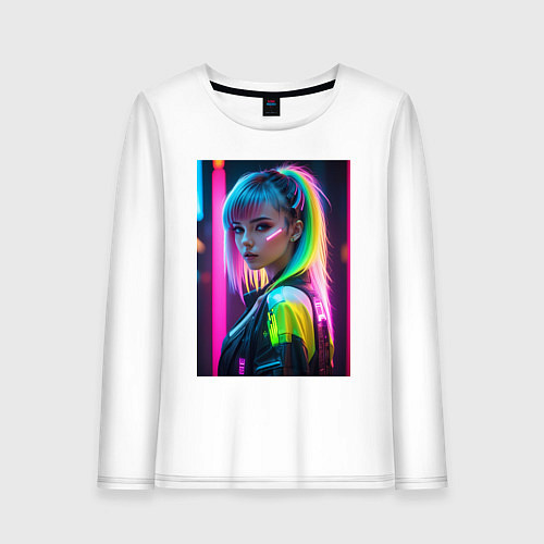 Женский лонгслив Киберпанк девушка с зеленым хвостом / Белый – фото 1