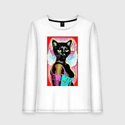 Лонгслив хлопковый женский Фигуристая чёрная кошечка в стиле поп-арт, цвет: белый