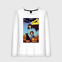Лонгслив хлопковый женский Ведьма зависла над девочкой и котом, цвет: белый