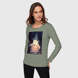 Лонгслив хлопковый женский Магический мяв кот-мем колдун, цвет: авокадо — фото 2