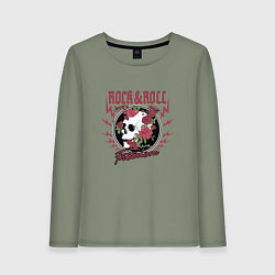 Лонгслив хлопковый женский Рок н ролл череп и цветы, цвет: авокадо
