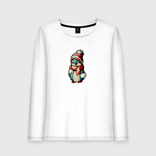 Женский лонгслив Пингвинчик в новогодней шапочке / Белый – фото 1