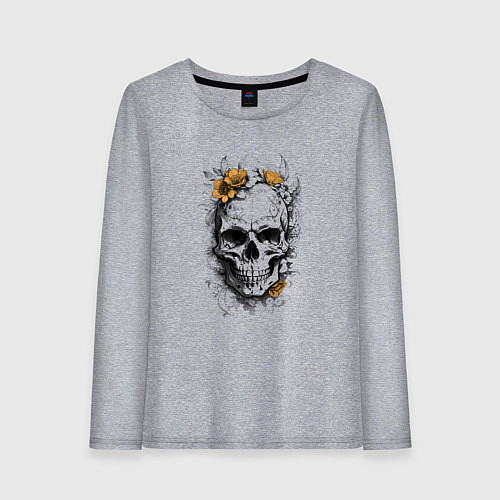 Женский лонгслив Череп с желтыми цветами / Меланж – фото 1