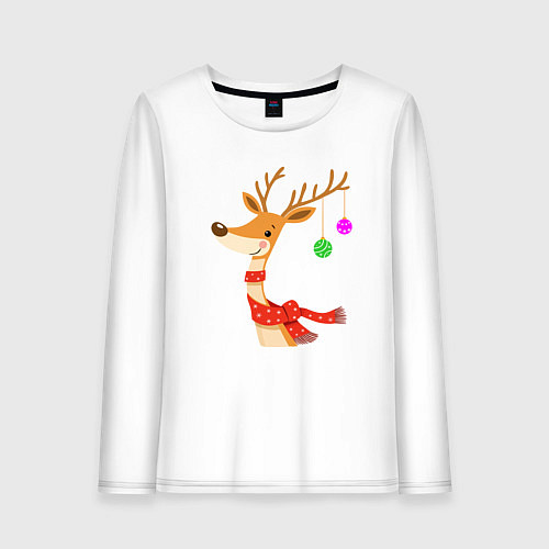 Женский лонгслив Олень новогодний с ёлочными шарами / Белый – фото 1