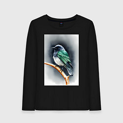 Лонгслив хлопковый женский Птичка на ветке, цвет: черный