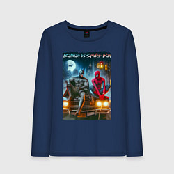 Лонгслив хлопковый женский Разговор Бэтмена и человека паука на капоте автомо, цвет: тёмно-синий
