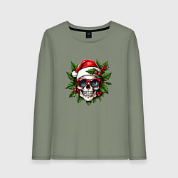 Лонгслив хлопковый женский Рождественский венок с черепом, цвет: авокадо