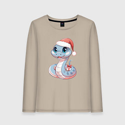 Лонгслив хлопковый женский Голубая новогодняя змея с подарком, цвет: миндальный