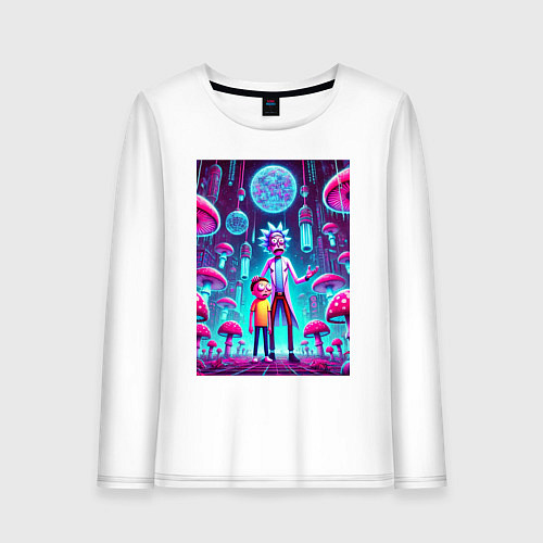 Женский лонгслив Rick and Morty among neon mushrooms - ai art fanta / Белый – фото 1