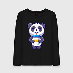 Лонгслив хлопковый женский Панда наслаждается напитком, цвет: черный
