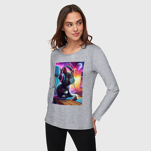 Женский лонгслив Котёнок в наушниках и мышка / Меланж – фото 3